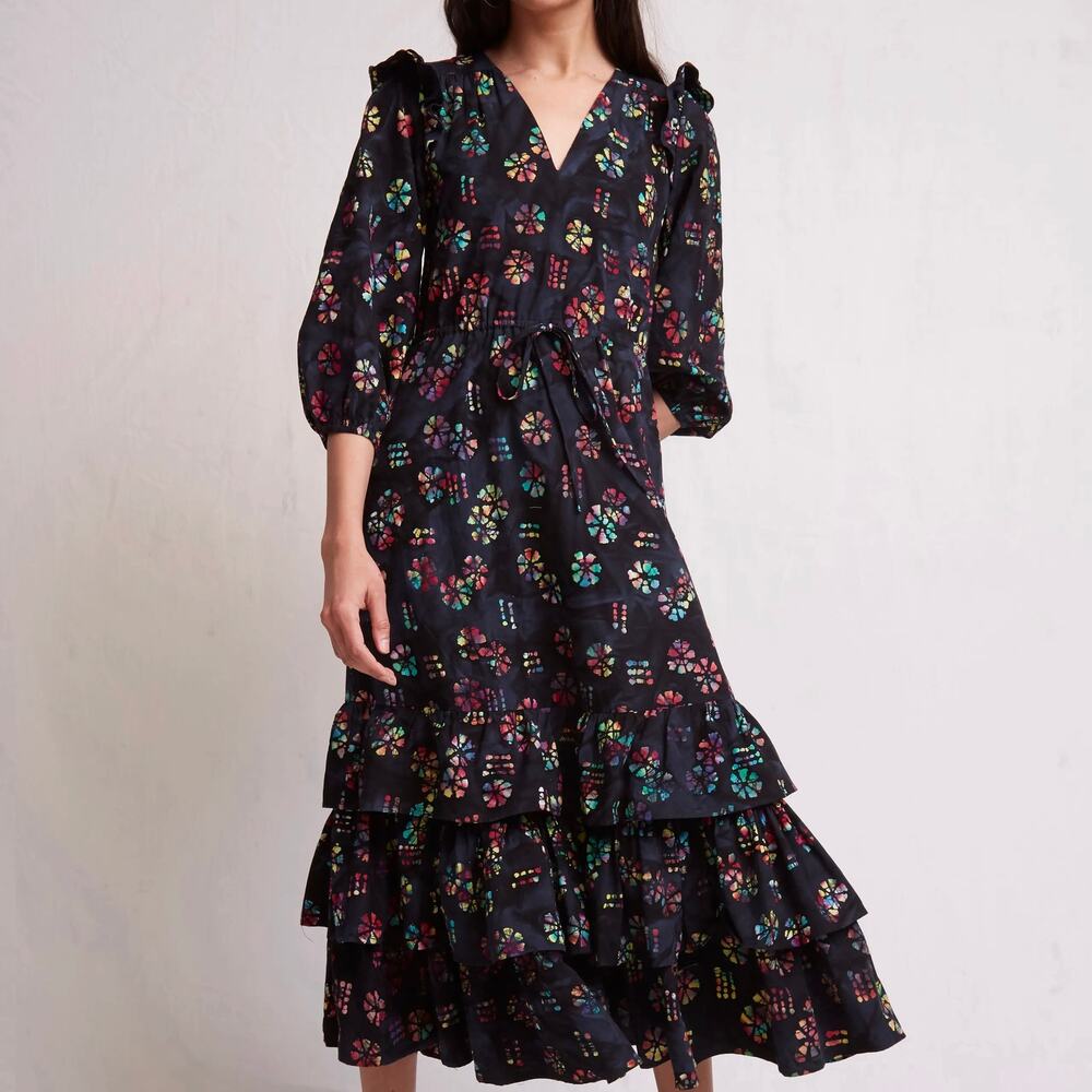 Warm Floral Ruffle Midi Dress
